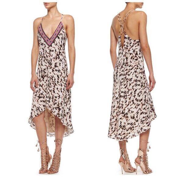 Haute Hippie NWT Silk Dress Boho Beaded Embroidered Leopard-Print High-Low Tank - Picture 1 of 10